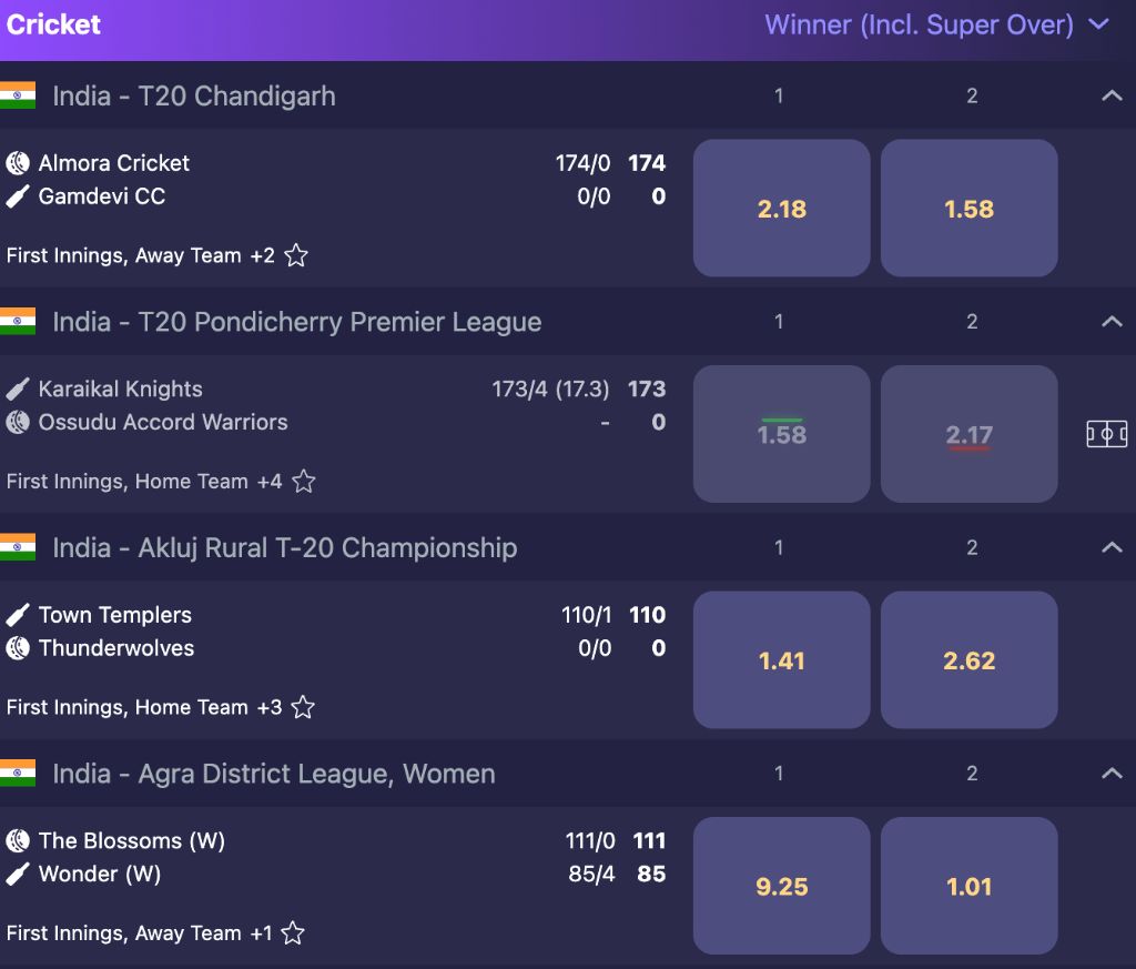 Live cricket betting odds on Indian T20 leagues including Chandigarh and Pondicherry Premier League