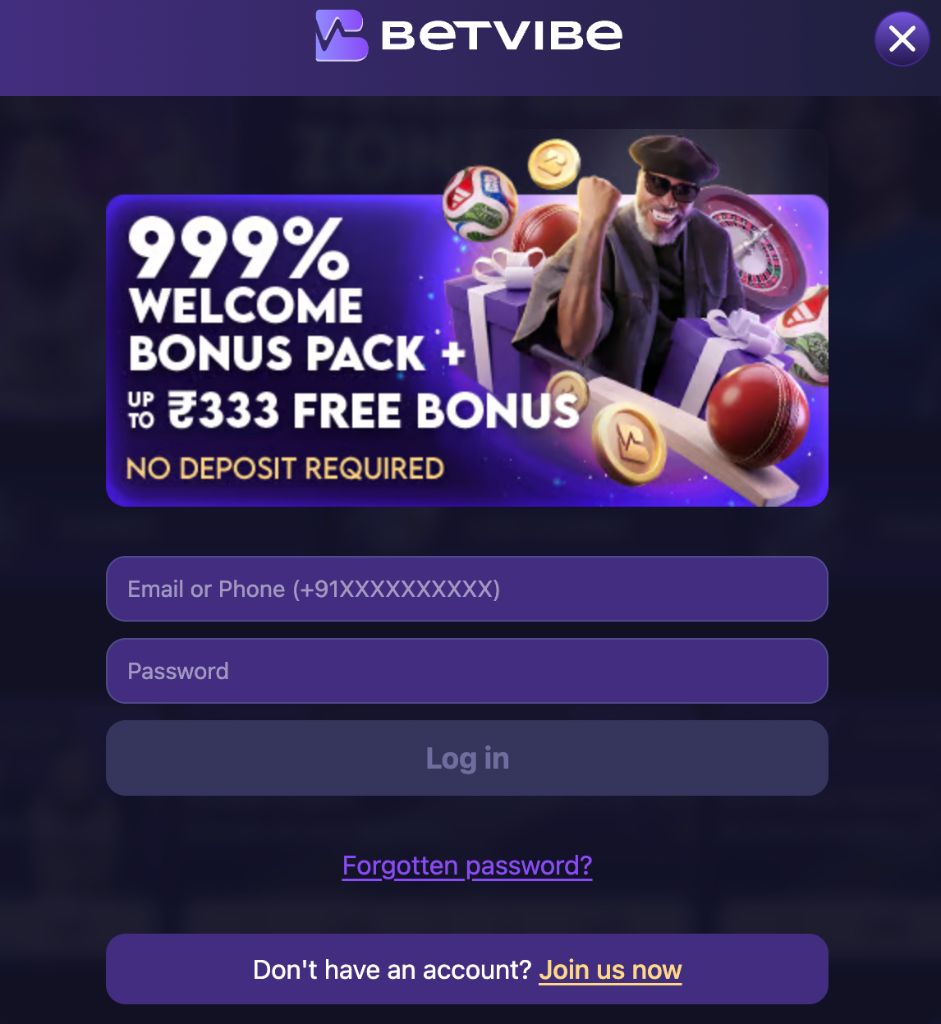 Account login window with email or phone field and welcome bonus banner