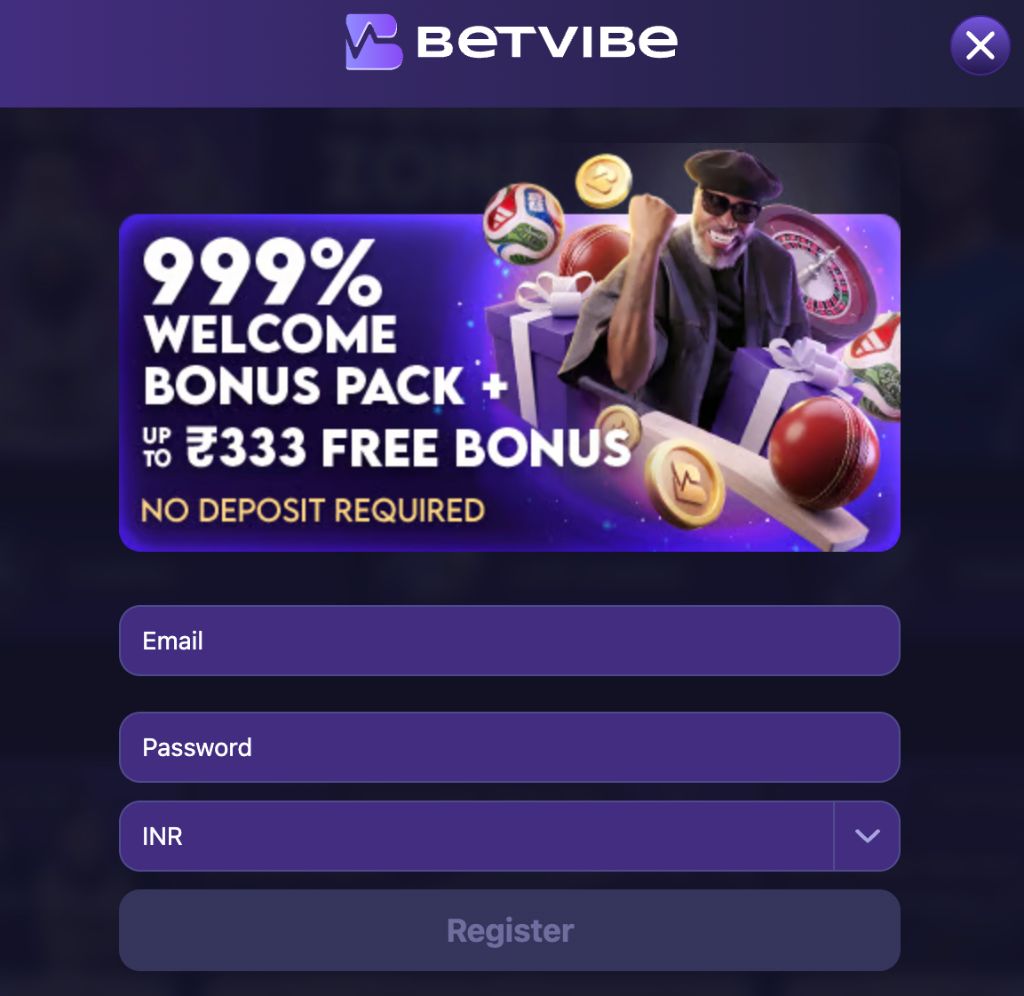 Registration form with email, password and INR currency fields plus 999% welcome bonus pack banner