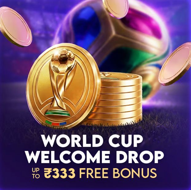 World Cup welcome drop with free bonus up to ₹333 and golden trophy coins